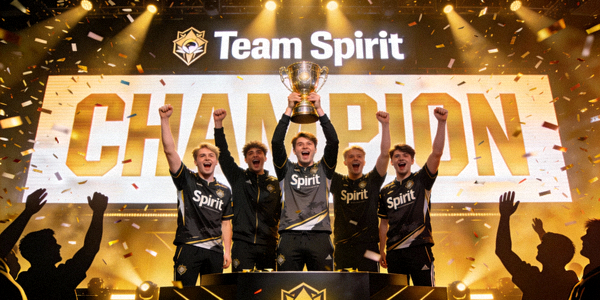 Team Spirit夺冠时刻 - 选手捧杯庆祝画面